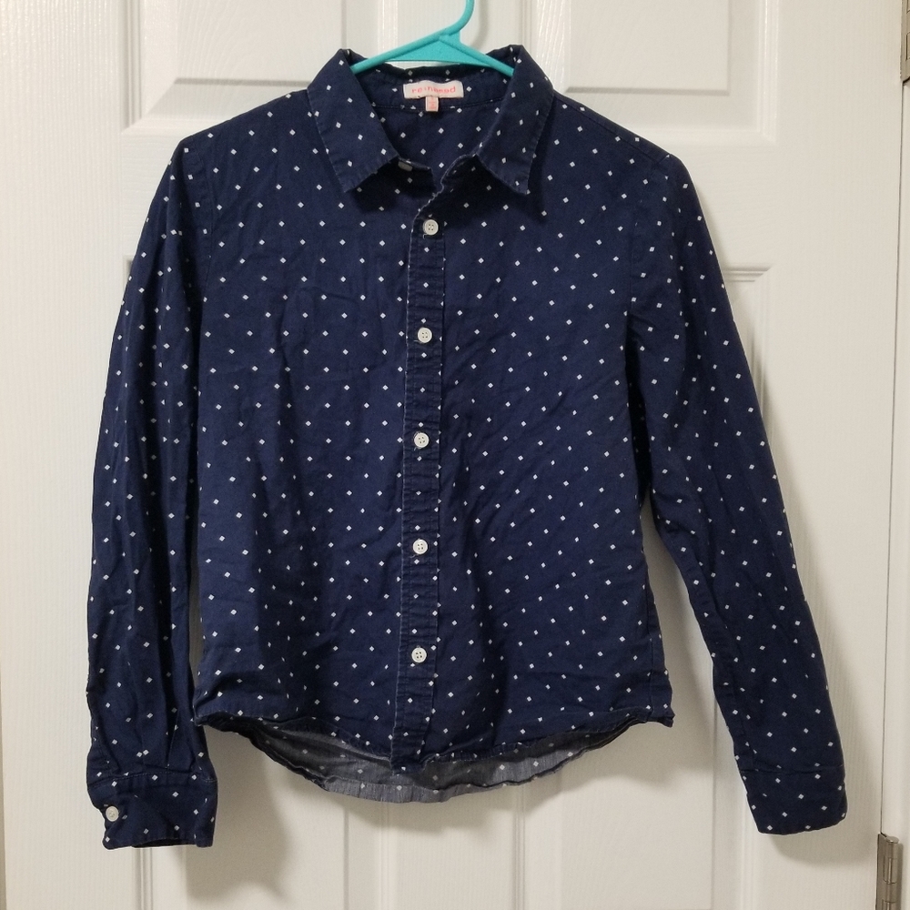 Navy and White Diamond Button up Blouse